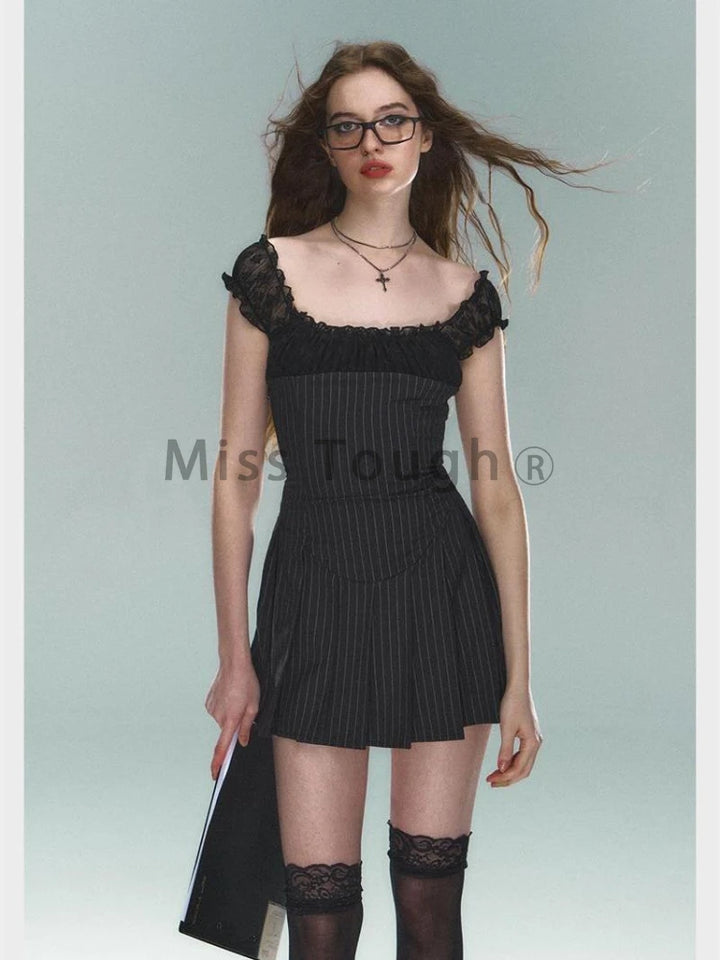 Vintage Stripped Lace Pleated Strap Dress Women 2025 Y2k American Short Dresses Fashion Chic Short Sleeve Streetwear Clothing