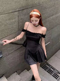 Vintage Stripped Lace Pleated Strap Dress Women 2025 Y2k American Short Dresses Fashion Chic Short Sleeve Streetwear Clothing
