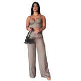 Women Pant Set Two Piece Sets Sexy Sling Sleeveless V Neck Short Tops Slim Fit Wide Leg Long Pants High Waist Elegant Splice