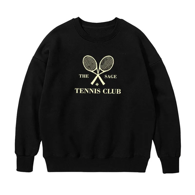 The Sage Tennis Club Letters Printing Vintage Style Black Sweatshirts Women Loose Cotton Crewneck Casual Long Sleeve Pullovers