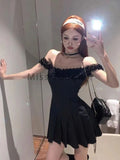Vintage Stripped Lace Pleated Strap Dress Women 2025 Y2k American Short Dresses Fashion Chic Short Sleeve Streetwear Clothing