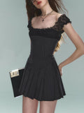 Vintage Stripped Lace Pleated Strap Dress Women 2025 Y2k American Short Dresses Fashion Chic Short Sleeve Streetwear Clothing