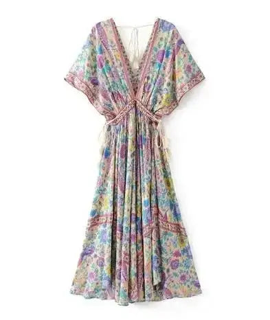 Happie Queens Women Floral Print Bat Sleeve  Beach Bohemian Maxi Dress Ladies V-neck Tassel Rayon Summer Boho Dresses