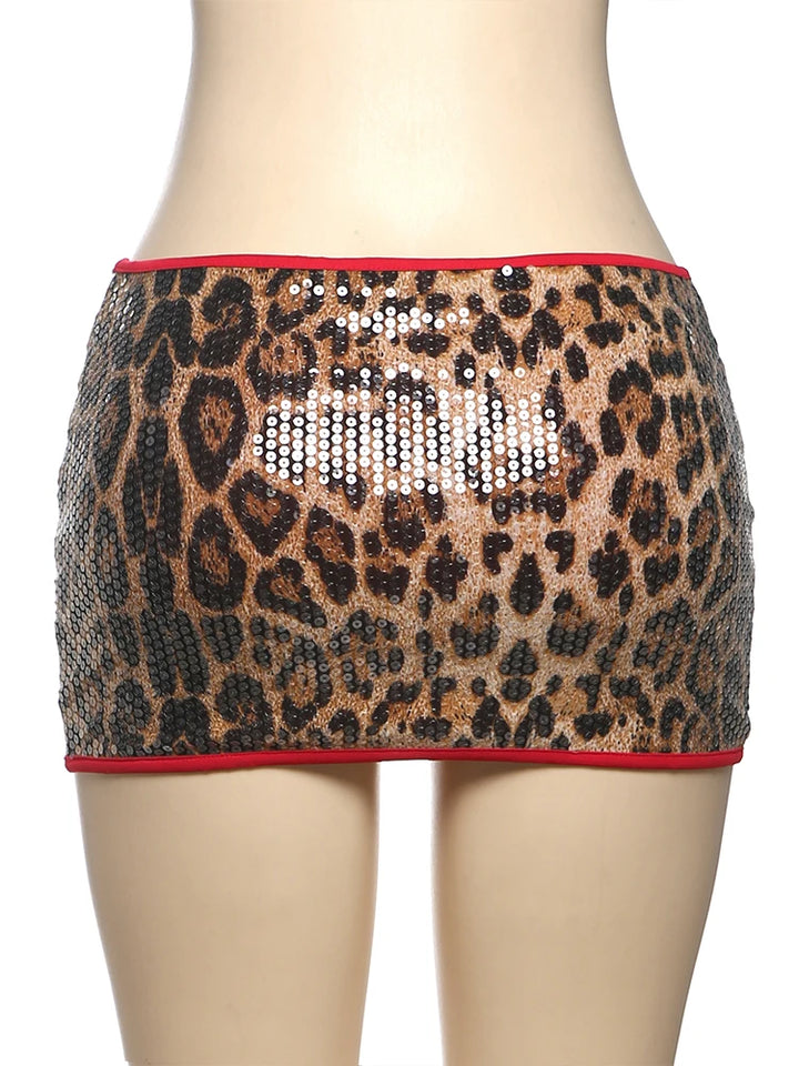 Nibber Sexy Sequin Leopard Print Skirts Women Y2K Hipster Vintage Wild Midnigh Coquette Club Skinny Party Peach Hip Mini Bottoms