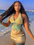 Hugcitar 2025 Spring Halter Knitted Scenery Print Backless Lace Up Sexy Mini Dress Women Fashion Clothes Beach Vacation Party