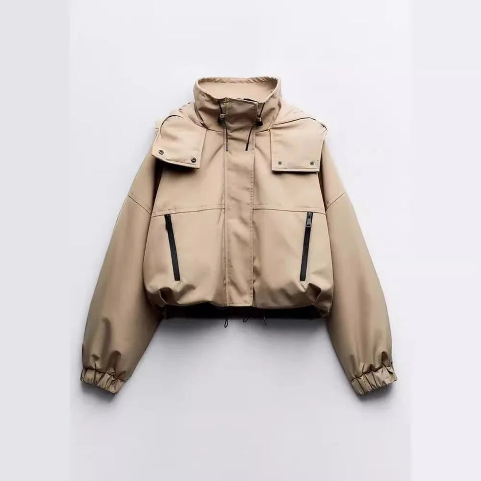 2024 Autumn and Winter Fashion Women Solid Turtleneck Hooded Long Sleeves Pocket Buttons Zipper  High Street Short Jacket