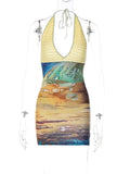 Hugcitar 2025 Spring Halter Knitted Scenery Print Backless Lace Up Sexy Mini Dress Women Fashion Clothes Beach Vacation Party
