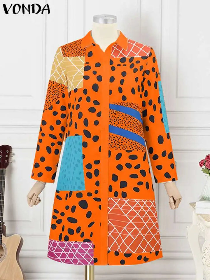 2024 VONDA Women Bohemian Dress Lapel Long Sleeve Leopard Printed Shirt Sundress Fashion Buttons Knee-Length Vestidos Oversized