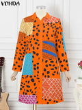 2024 VONDA Women Bohemian Dress Lapel Long Sleeve Leopard Printed Shirt Sundress Fashion Buttons Knee-Length Vestidos Oversized