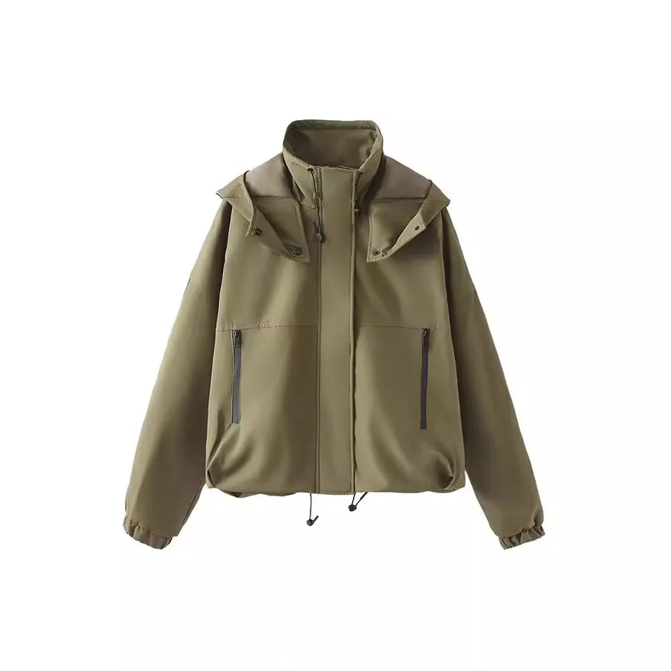 2024 Autumn and Winter Fashion Women Solid Turtleneck Hooded Long Sleeves Pocket Buttons Zipper  High Street Short Jacket