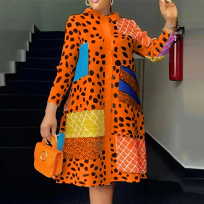 2024 VONDA Women Bohemian Dress Lapel Long Sleeve Leopard Printed Shirt Sundress Fashion Buttons Knee-Length Vestidos Oversized