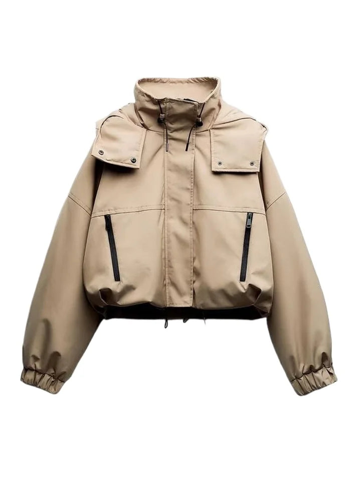 2024 Autumn and Winter Fashion Women Solid Turtleneck Hooded Long Sleeves Pocket Buttons Zipper  High Street Short Jacket