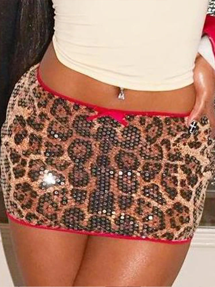 Nibber Sexy Sequin Leopard Print Skirts Women Y2K Hipster Vintage Wild Midnigh Coquette Club Skinny Party Peach Hip Mini Bottoms