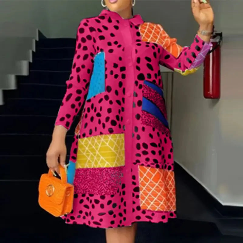 2024 VONDA Women Bohemian Dress Lapel Long Sleeve Leopard Printed Shirt Sundress Fashion Buttons Knee-Length Vestidos Oversized