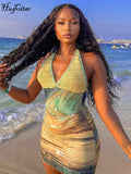Hugcitar 2025 Spring Halter Knitted Scenery Print Backless Lace Up Sexy Mini Dress Women Fashion Clothes Beach Vacation Party
