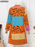 2024 VONDA Women Bohemian Dress Lapel Long Sleeve Leopard Printed Shirt Sundress Fashion Buttons Knee-Length Vestidos Oversized