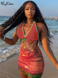 Hugcitar 2025 Spring Halter Knitted Scenery Print Backless Lace Up Sexy Mini Dress Women Fashion Clothes Beach Vacation Party