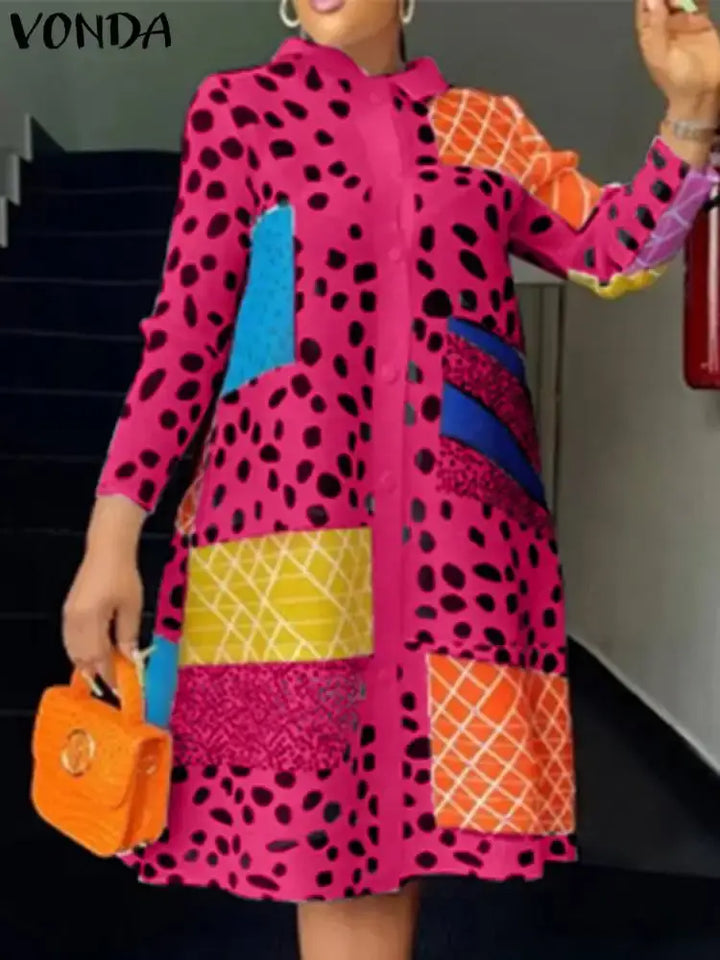 2024 VONDA Women Bohemian Dress Lapel Long Sleeve Leopard Printed Shirt Sundress Fashion Buttons Knee-Length Vestidos Oversized